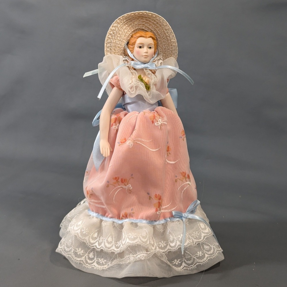 Vintage Porcelain Doll 8 Inch Pink Floral Dress Straw Hat Victorian Figurine